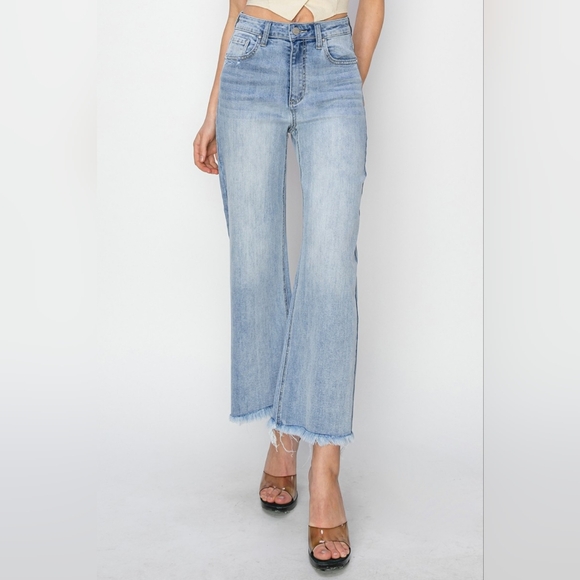 RISEN High-Rise Waist Pants Wide Leg Cropped Frayed Hem Boyfriend Denim Jeans - Picture 8 of 15